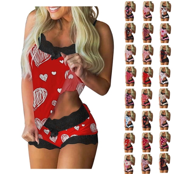 Bixock Women Loungewear Set Valentines Pajamas for Women Heart Print Lace Camisole Tank Top Sleeveless Patchwork Short Pants Casual Sleepwear