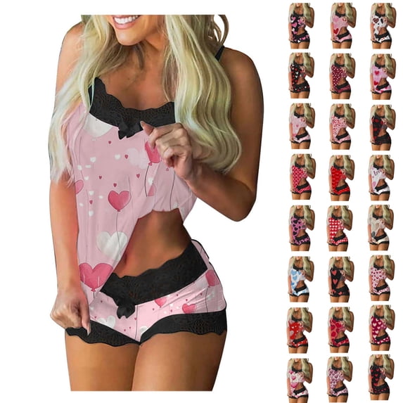 Bixock Women Loungewear Set Valentines Pajamas for Women Heart Print Lace Camisole Tank Top Sleeveless Patchwork Short Pants Casual Sleepwear