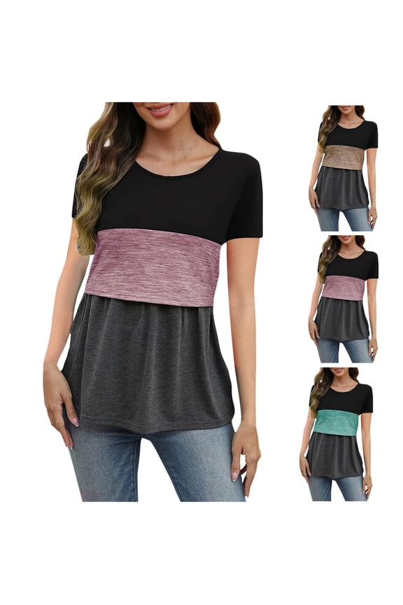 Women Maternity Shirts Short Sleeve Nursing Shirts Soft Maternity Tops Double Layer Breastfeeding Blouse Round Neck Pregnancy Clothes