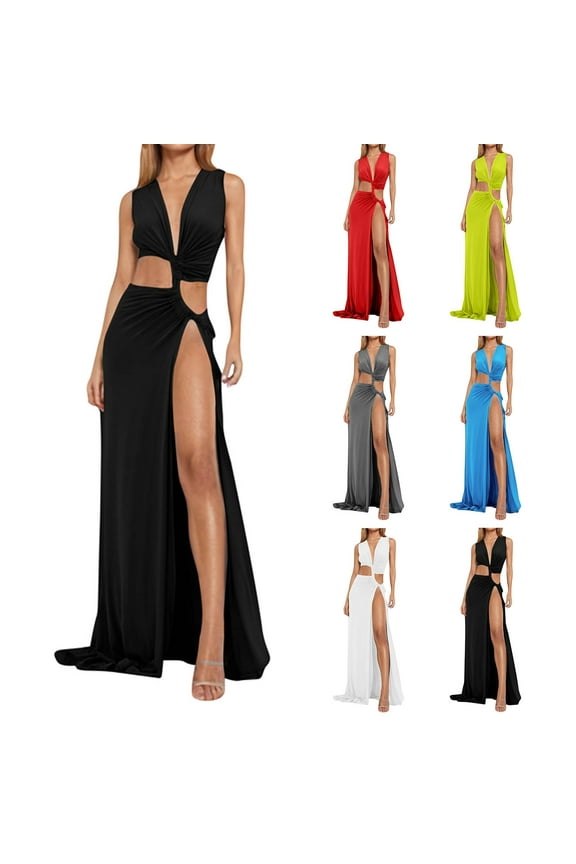 Women Maxi Dress,Dress for Women Sleeveless V-Neck Cutout Tie Side Slit Asymmetrical Dress
