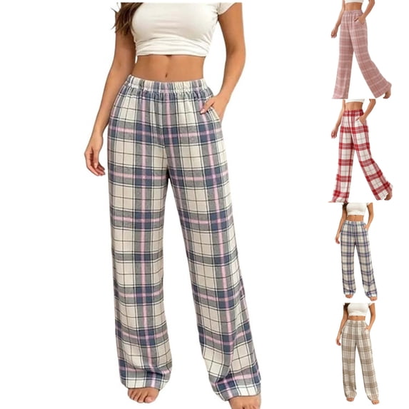 Bixock Women Pajamas Pants Loungewear Pants Straight Leg Elastic Waist Plaid Print Side Pockets Loose Casual Homewear Sleepwear Women Clothings