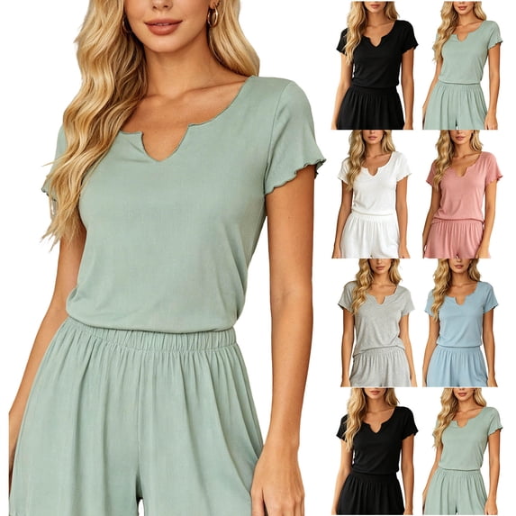 Bixock Women Pajamas Tops Loungewear Shirts Short Sleeve T‑Shirt Top V Neck Solid Color Stretch Knit Slim Daily Indoor Homewear Sleepwear Casual Women Clothings