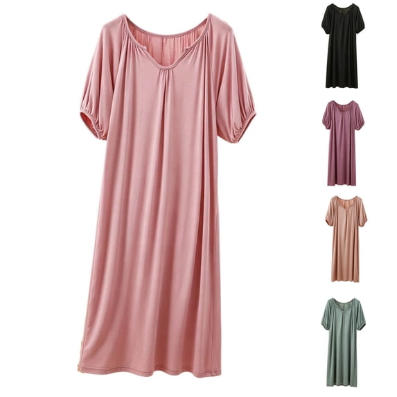 Bixock Women Plus Size Nightgowns Loungewear Nightshirts Nightgown Round Neck Short Sleeve Ruffled‑Hem Solid Color Loose Thin Indoor Home Homewear Sleepwear Women Clothings