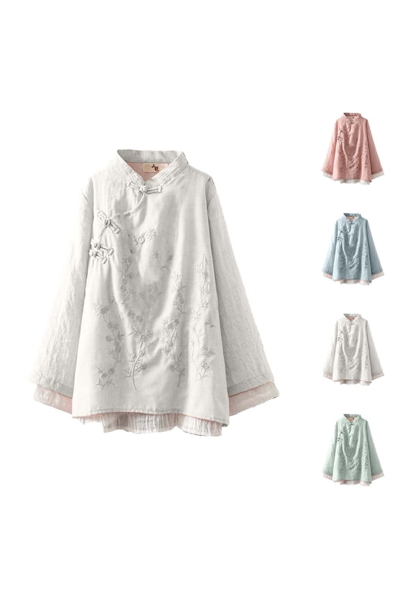 Women Plus Size Tops,Blouse for Women Long Sleeve Embroidered Blouse Traditional Buttons Tops