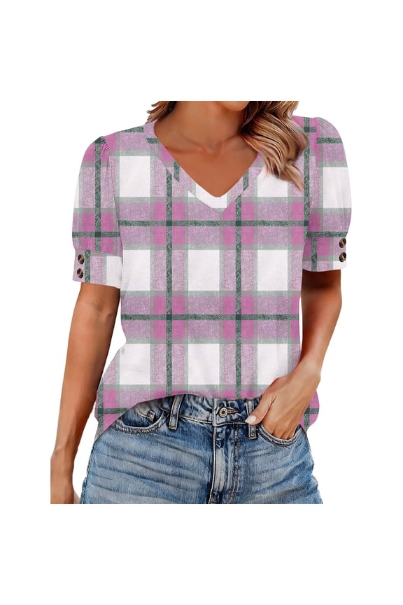 Women Plus Size Tops,Blouse for Women Print Short Sleeve V Neck Button Down Shirt Blouse Tops