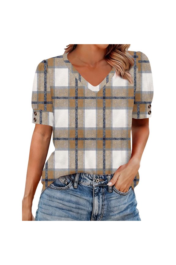 Women Plus Size Tops,Blouse for Women Print Short Sleeve V Neck Button Down Shirt Blouse Tops