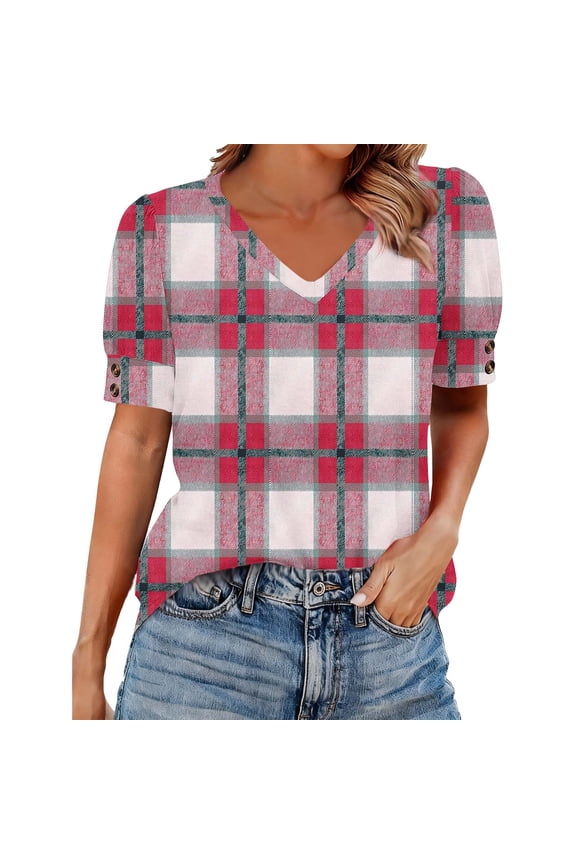 Women Plus Size Tops,Blouse for Women Print Short Sleeve V Neck Button Down Shirt Blouse Tops