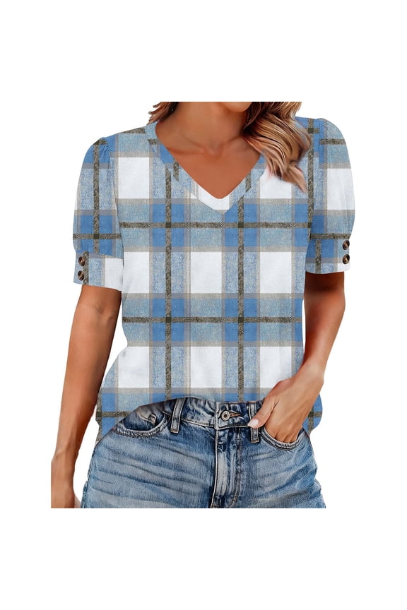 Women Plus Size Tops,Blouse for Women Print Short Sleeve V Neck Button Down Shirt Blouse Tops