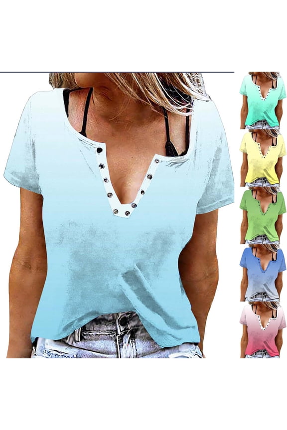 Women Plus Size Tops,Blouse for Women Printed Short Sleeve T Shirt with Snap Buttons Round Neck Tops