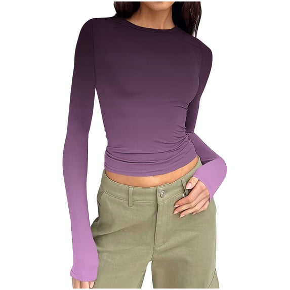 Bixock Women's Long Sleeve Shirts Basic Tee Random Print Ribbed Crew Neck Top Elastic Slim Cut Casual Blouse Inner Outer Layer Travel Vacation Clothes
