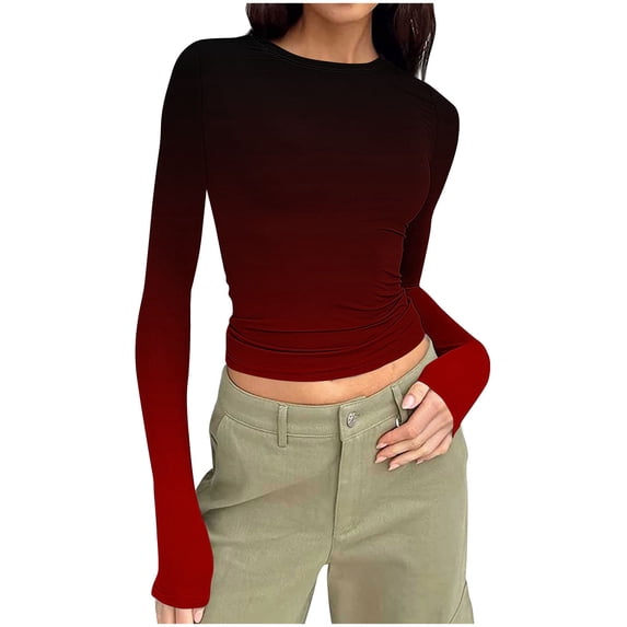 Bixock Women's Long Sleeve Shirts Basic Tee Random Print Ribbed Crew Neck Top Elastic Slim Cut Casual Blouse Inner Outer Layer Travel Vacation Clothes