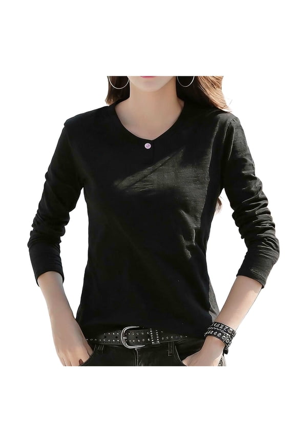Women Plus Size Tops,Blouse for Women Solid Color Button Detail Round Neck Long Sleeve Tops