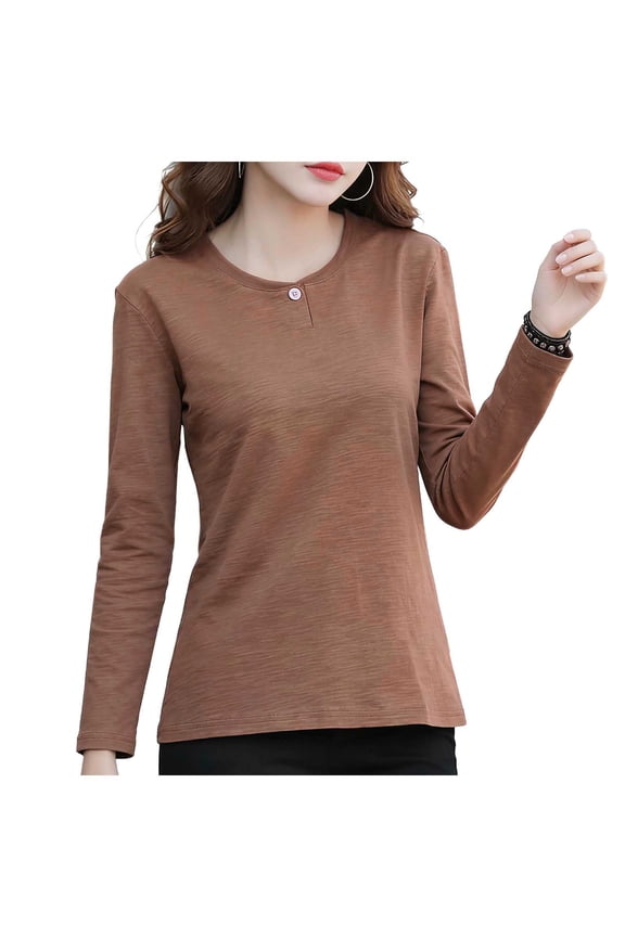 Women Plus Size Tops,Blouse for Women Solid Color Button Detail Round Neck Long Sleeve Tops