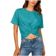 thumbnail image 1 of Bixock Womens Tops Short Sleeve Shirts Summer Outfits Solid Color Crew Neck Knotted Top Backless Waist Exposed Casual Blouse Travel Vacation Clothes, 1 of 7