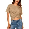 thumbnail image 1 of Bixock Womens Tops Short Sleeve Shirts Summer Outfits Solid Color Crew Neck Knotted Top Backless Waist Exposed Casual Blouse Travel Vacation Clothes, 1 of 7
