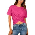 thumbnail image 1 of Bixock Womens Tops Short Sleeve Shirts Summer Outfits Solid Color Crew Neck Knotted Top Backless Waist Exposed Casual Blouse Travel Vacation Clothes, 1 of 7