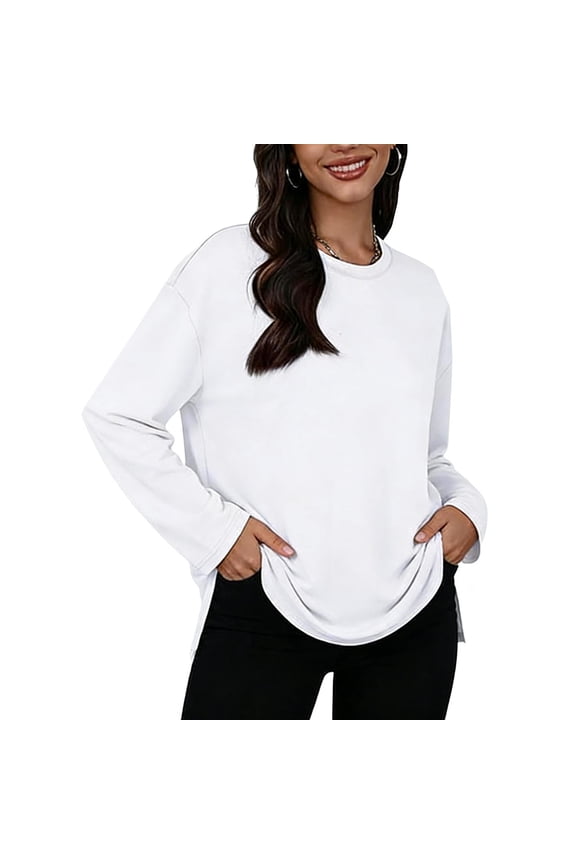 Women Plus Size Tops,Blouse for Women Solid Color Round Neck Long Sleeve Side Slit Blouse Tops