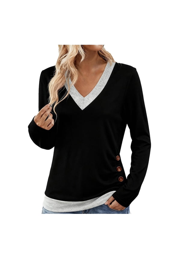 Women Plus Size Tops,Blouse for Women Solid Color V Neck Button Down Long Sleeve ted Blouse Tops