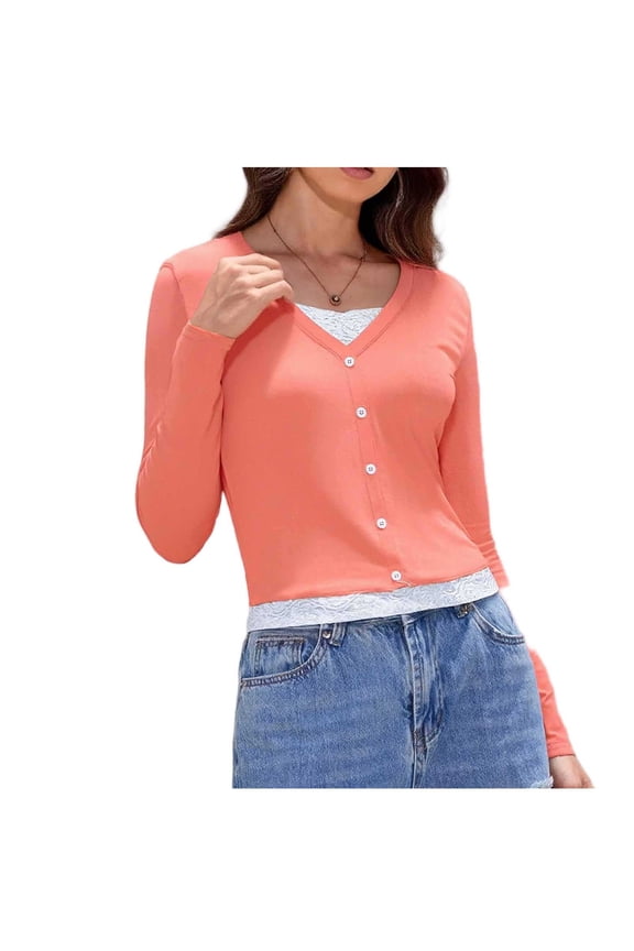 Women Plus Size Tops,Blouse for Women Solid Color V Neck Lace T Long Sleeve Stretch Button Down Tops