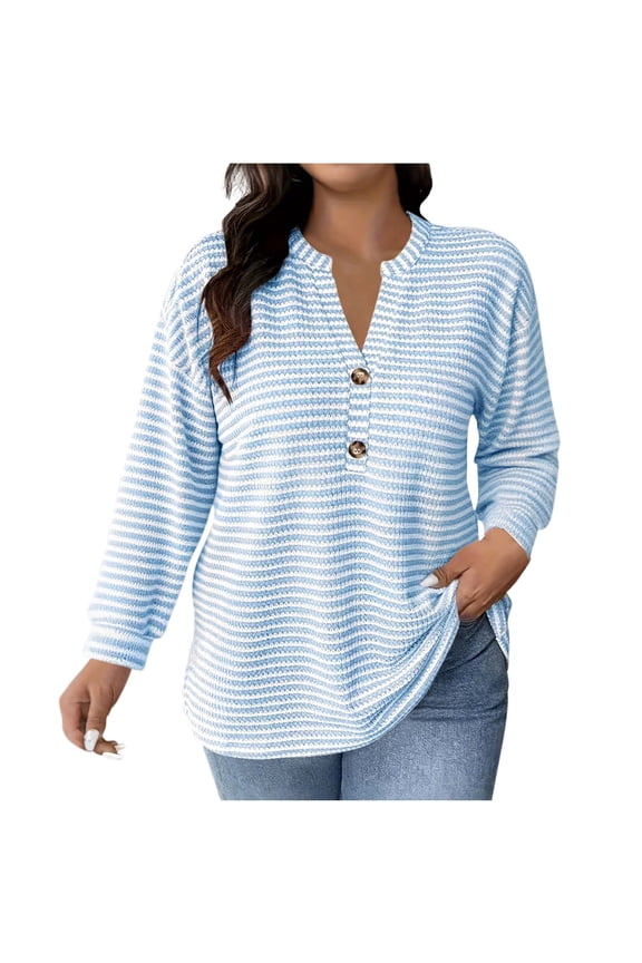 Women Plus Size Tops,Blouse for Women Striped Long Sleeve V Neck Button Down Blouse Tops