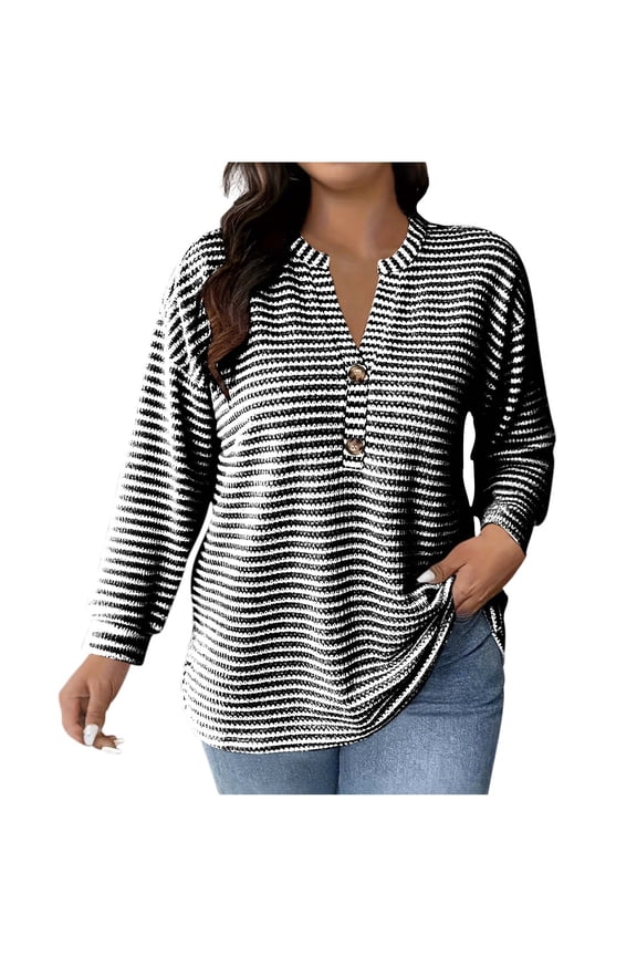 Women Plus Size Tops,Blouse for Women Striped Long Sleeve V Neck Button Down Blouse Tops