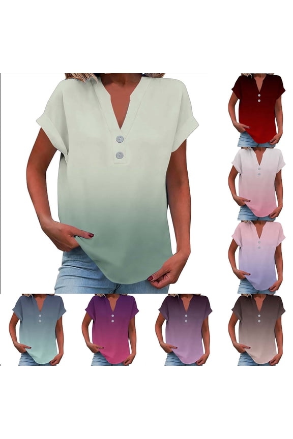 Women Plus Size Tops,Blouse for Women V Neck Short Sleeve Gradient Color Button Down Blouse Tops
