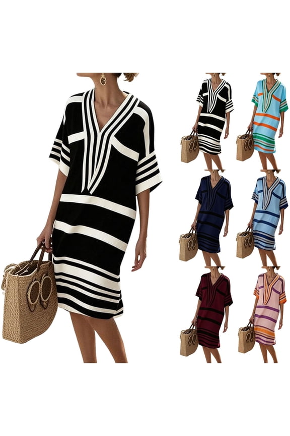 Women Summer Dresses Striped Beach Vacation Midi Dress 3/4 Sleeve Boho Chic Outfits Tunic Shift Dress