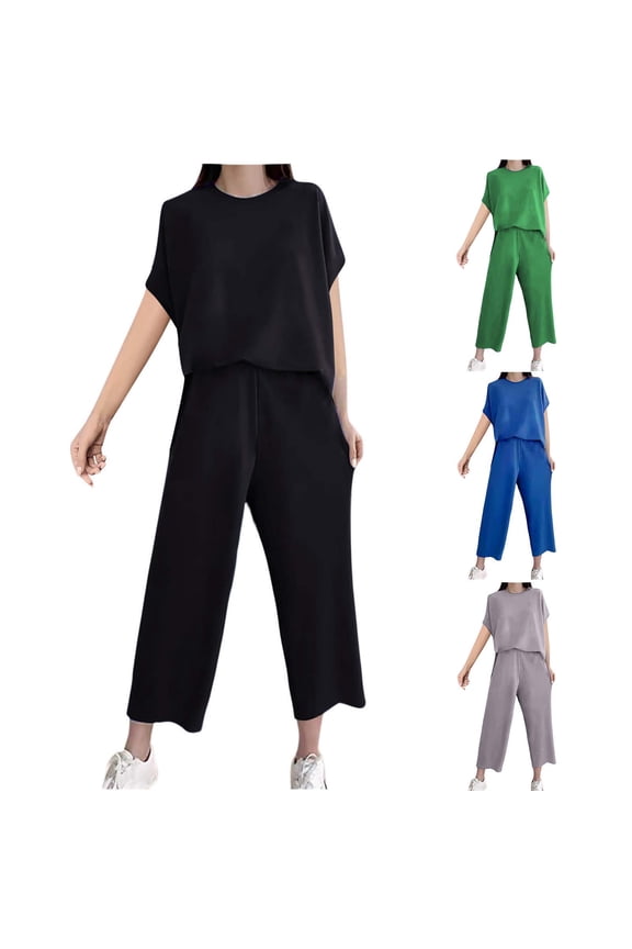 Women's 2 Piece Athleisure Set,Short Sleeve Long Pants Outfit,Leisure Loose Straight Leg Sports Outfit Set