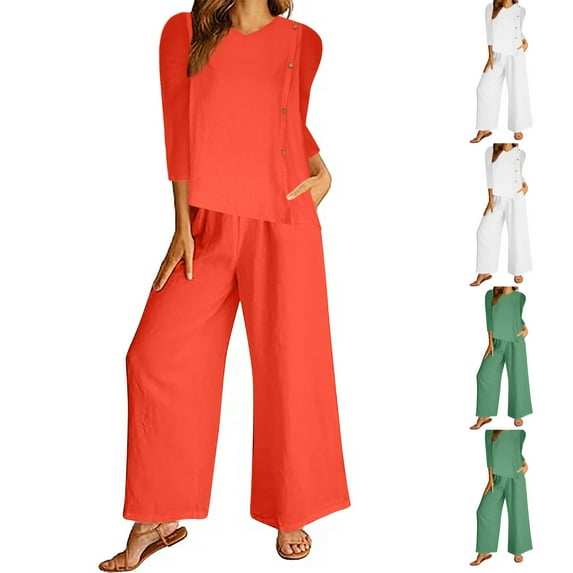 Bixock Women's 2 Piece Casual Set,3/4 Sleeve Long Pants Outfit,Solid Crew Neck Top Pocket Long Pants Linen Leisure Outfit Set