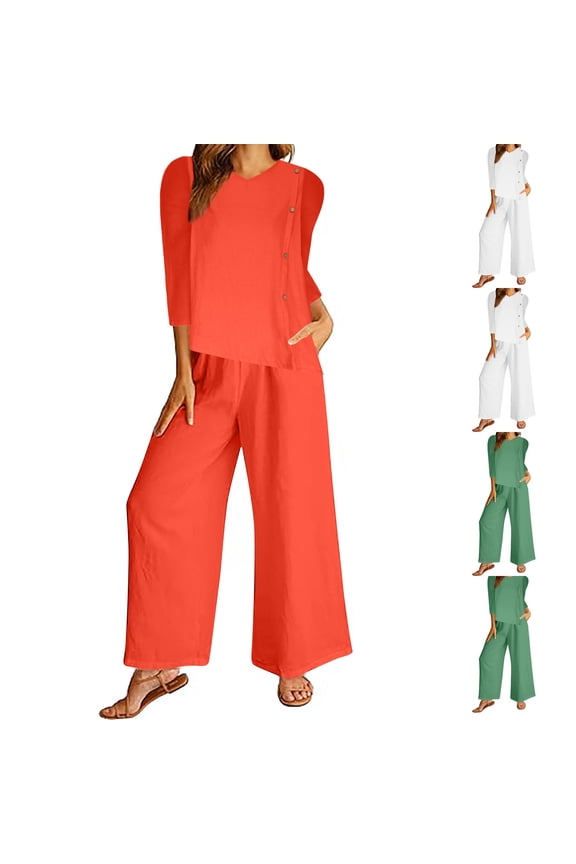 Women's 2 Piece Casual Set,3/4 Sleeve Long Pants Outfit,Solid Crew Neck Top Pocket Long Pants Linen Leisure Outfit Set