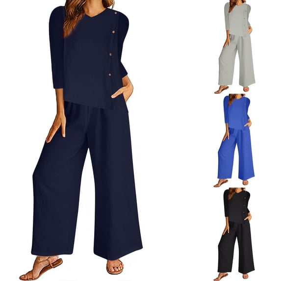 Bixock Women's 2 Piece Casual Set,3/4 Sleeve Long Pants Outfit,Solid V-Neck Elbow Sleeve Top Pocket Long Pants Linen Leisure Set