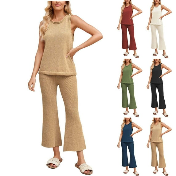 Bixock Women's 2 Piece Casual Set,Tank Top Long Pants Outfits,Fashion Solid Color Crew Neck Knit Sleeveless Top Long Pants Outfit Set