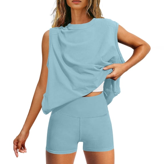 Bixock Women's 2 Piece Casual Set,Tank Top Shorts Outfits,Solid Loose Top Fitted Sports Leisure Sleeveless Crew Neck Set