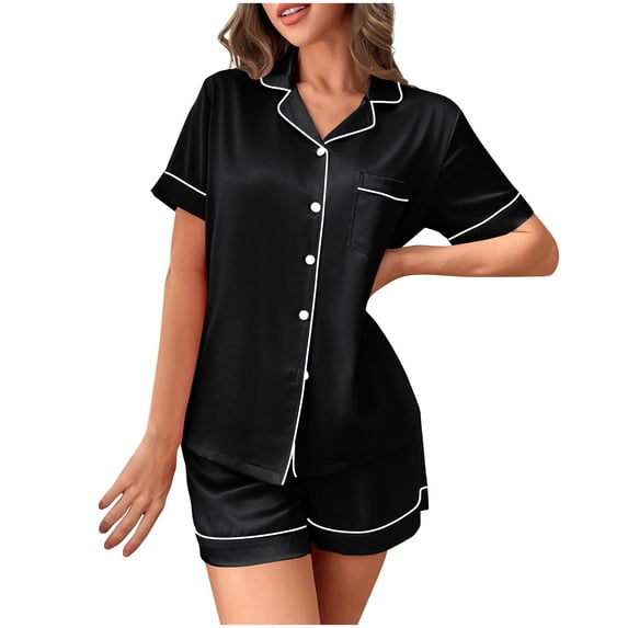 Bixock Women's 2 Piece Homewear Set,Summer Casual Loungewear Outfits,Solid Color Minimal Lapel Collar Cardigan Pajama Set