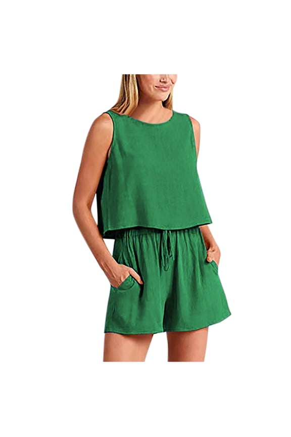 Women's 2 Piece Loose Outfits,Tank Top Shorts Set,Solid Color Sleeveless Crew Neck Top Leisure Daily Wear Outfit Set