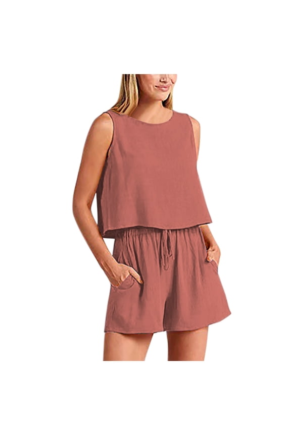 Women's 2 Piece Loose Outfits,Tank Top Shorts Set,Solid Color Sleeveless Crew Neck Top Leisure Daily Wear Outfit Set