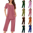 thumbnail image 1 of Bixock Women's 2 Piece Loungewear Set,Short Sleeve Cardigan Shorts Outfits,Solid Button Ruched Crew Neck Top Capris Pants Pocket Pajama Set, 1 of 5