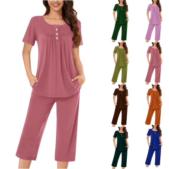 Bixock Women's 2 Piece Loungewear Set,Short Sleeve Cardigan Shorts Outfits,Solid Button Ruched Crew Neck Top Capris Pants Pocket Pajama Set