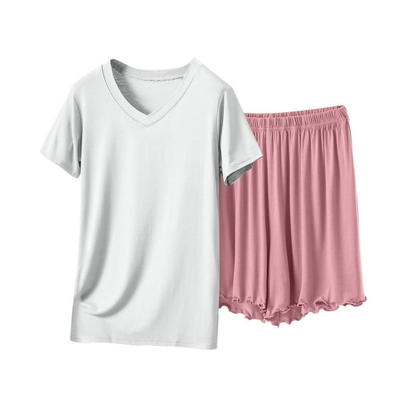 Bixock Women's 2 Piece Loungewear Set,Short Sleeve Shirt Shorts Set,Leisure Loose V-Neck Lace Pajama Sleepwear Set