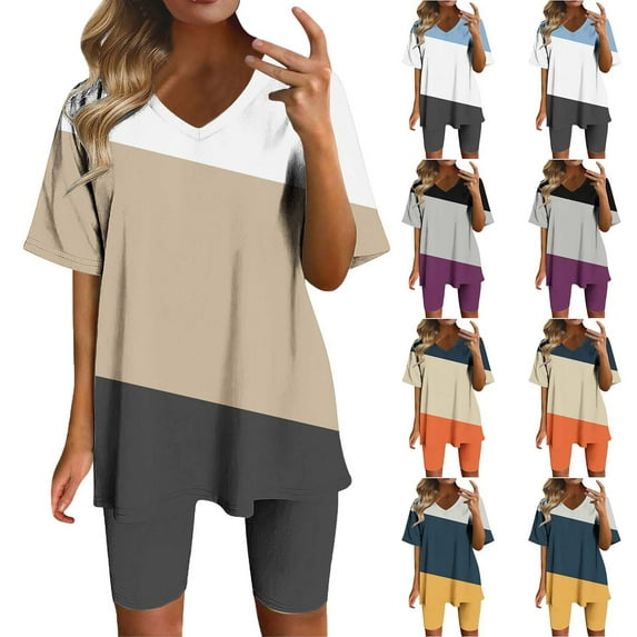 Bixock Women's 2 Piece Outfits,Matching Color Short Sleeve Shorts Outfit,Stylish V-Neck Print Top Set Leisure Lightweight Outfit