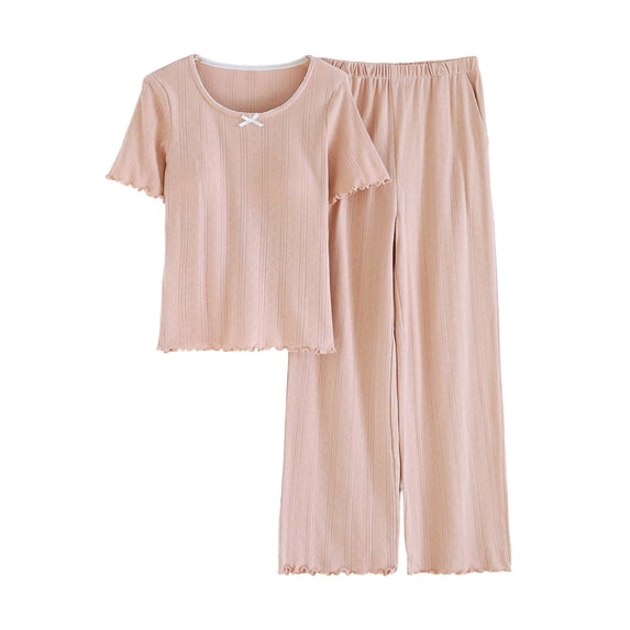 Bixock Women's 2 Piece Pajama Set,Built in Bra Sleepwear Suits,Solid Set with Built-in Bra Knit Short Sleeve Pants Loungewear