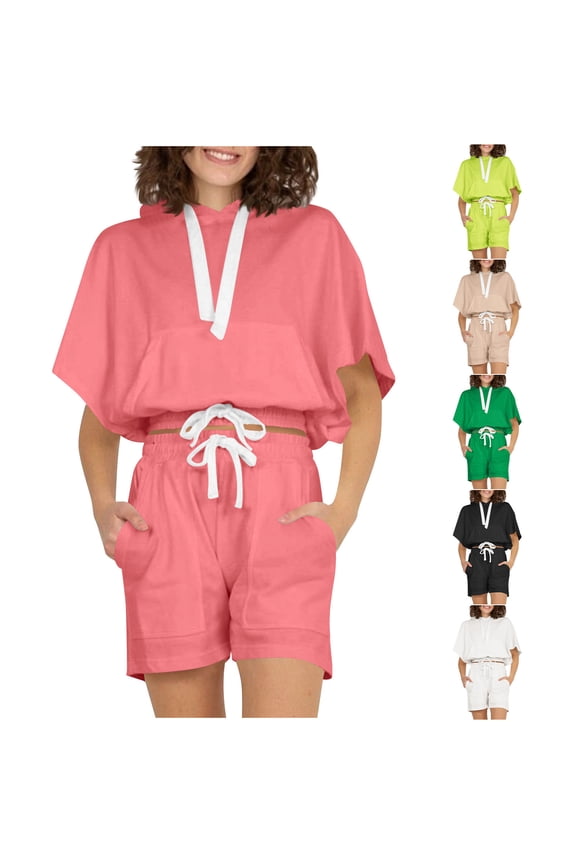 Women's 2 Piece Set,Short Sleeve Shorts Outfit,Solid Crew Neck Top Drawstring Waist Pocket Hooded Set