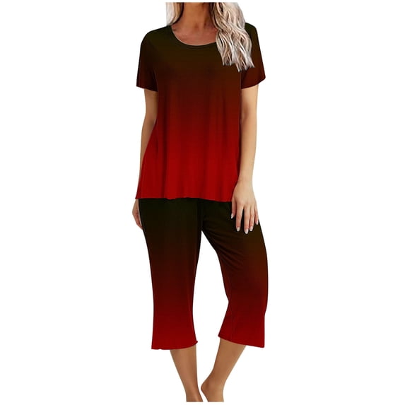 Bixock Women's 2 Piece Summer Set,Gradient Color Short Sleeve Capris Pants Set,Gradient Print Top Capris Pants Pocket Loungewear Sports Pajama Set