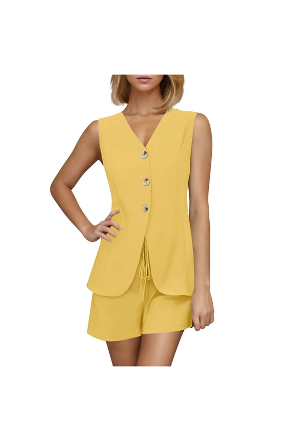 Women's 2 Piece Summer Set,Tank Top Shorts Outfits,Leisure V-Neck Open Front Sleeveless Top Outfit Set