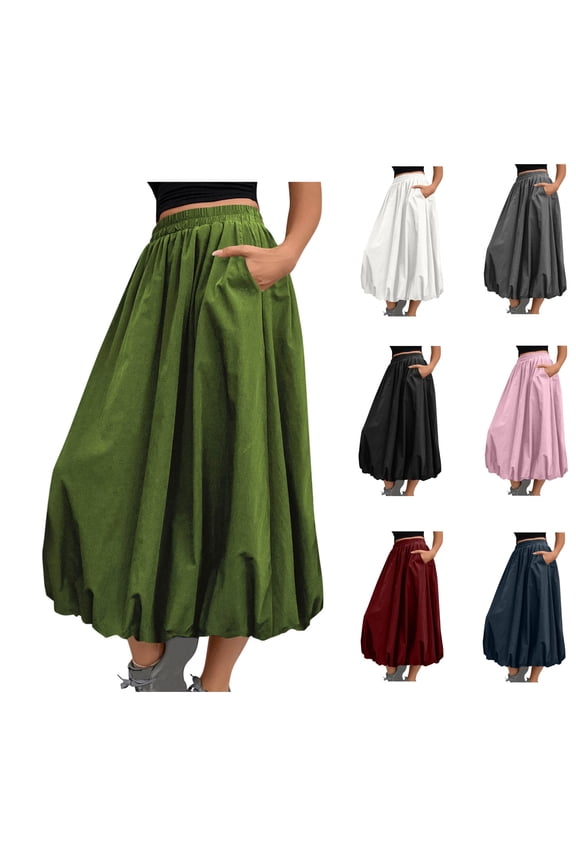 Women's Boho Maxi Skirt,Vacation Outfits Long Skirts for Women,Solid Mini Skirt Elastic High Waist A-Line Dresses