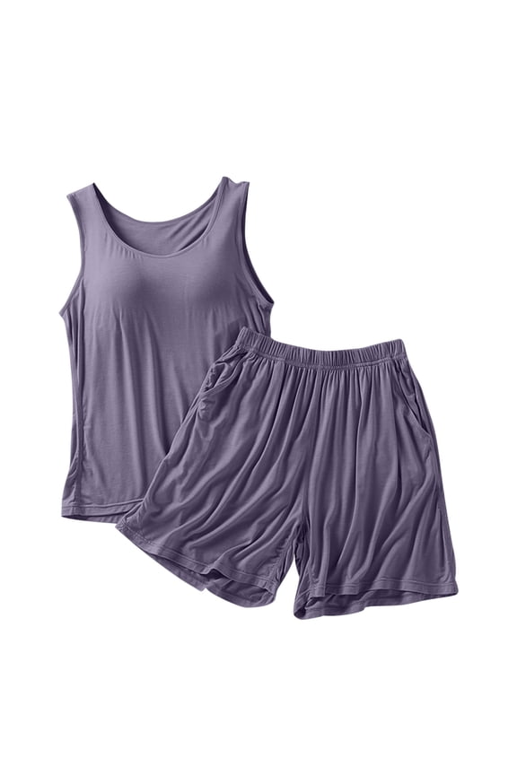 Women's Built in Bra Tank Top Pajama Set,2 Piece Sleepwear Outfits,Solid With Built-in Bra Loose Tank Top Capris Pants Loungewear Set