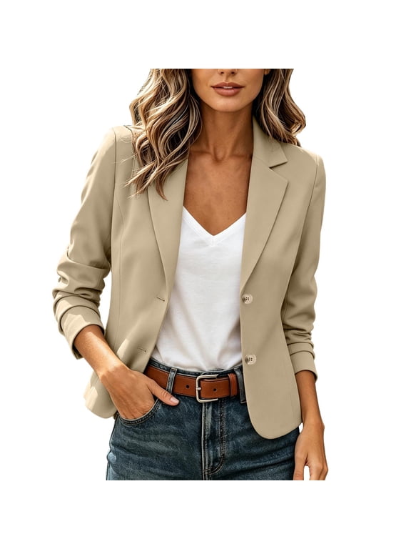 Women's Business Blazer Jackets 2 Button Notched Lapel Long Sleeve Slim Cropped Casual Suits Jackets Office Workwear