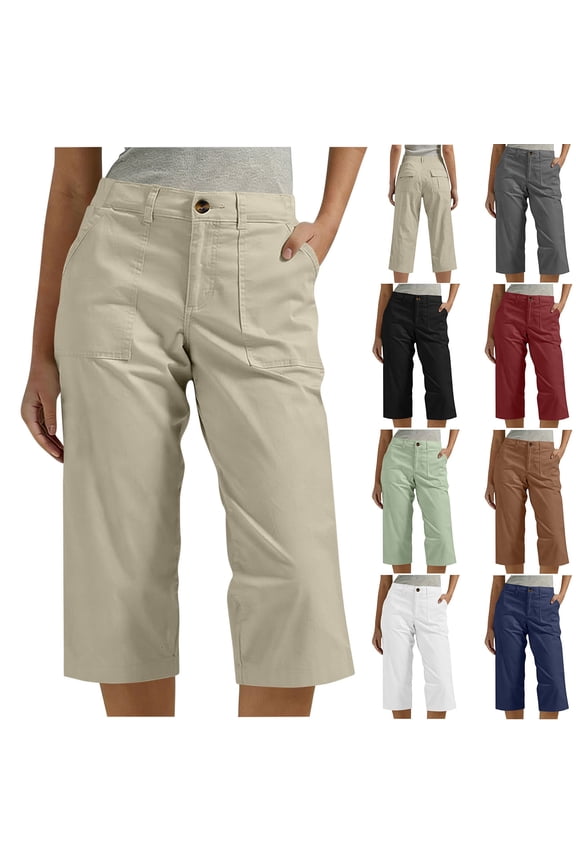 Women's Capris Pants,Knee Length Casual Pants,Solid Color Elastic Waist Cargo Bermuda Shorts with Multiple Pockets