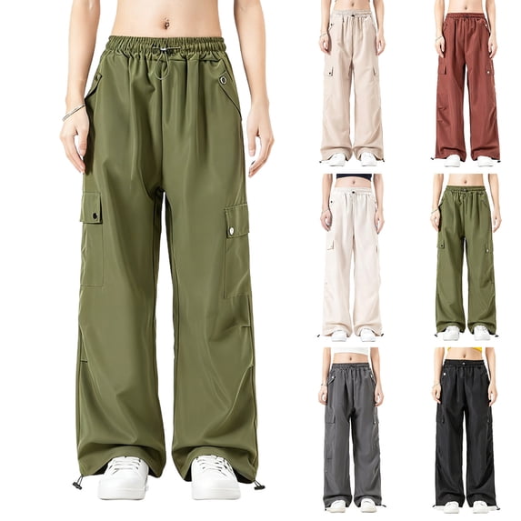 Bixock Women's Cargo Pants,Casual Wide Leg Pants,Women Multi Pocket Drawstring Solid Color Outdoor Hiking Comfortable Camping Trekking Pants