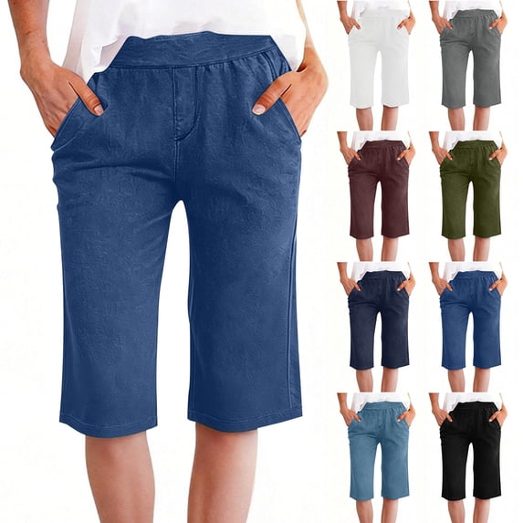 Bixock Women's Casual Bermuda Shorts,Knee Length Capris Pants,Solid Color Drawstring Denim Like Soft Comfortable Summer Daily Shorts